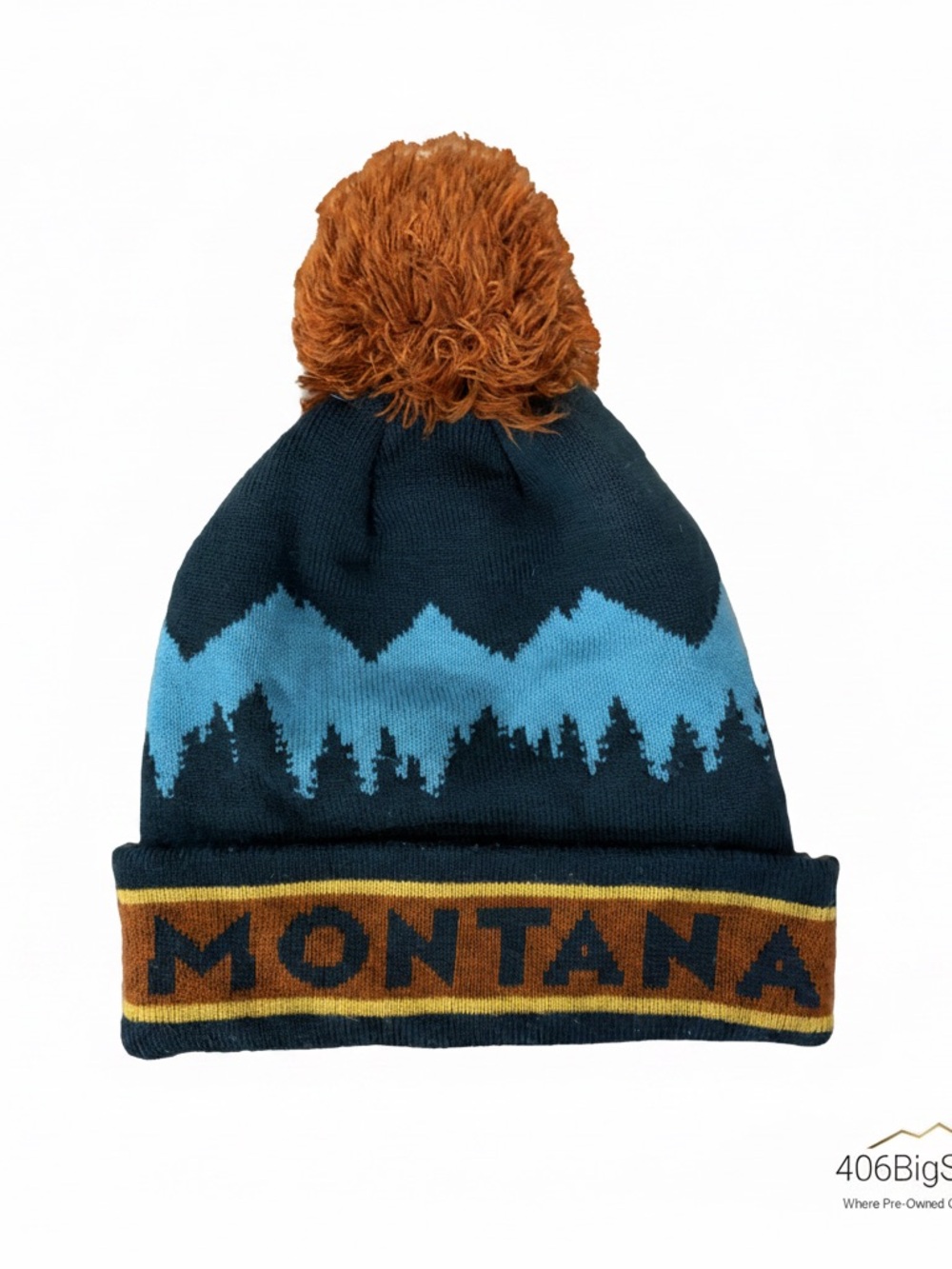 Knit Pom Beanie - Navy, Light Blue & Rust